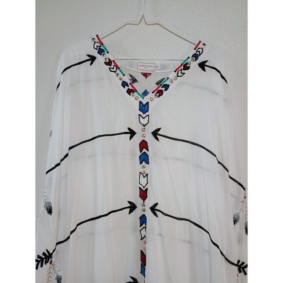 World Family Ibiza White Feather-Embroidered Beaded Tunic / Kaftan – Boho Dress - Picture 2 of 11